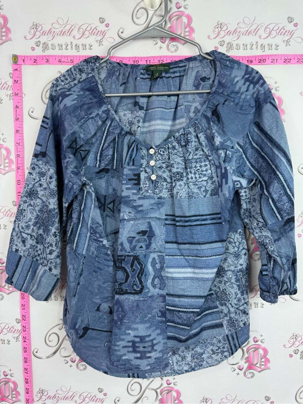 Ralph Lauren blouse top shirt Blue Patchwork Peasant Blouse